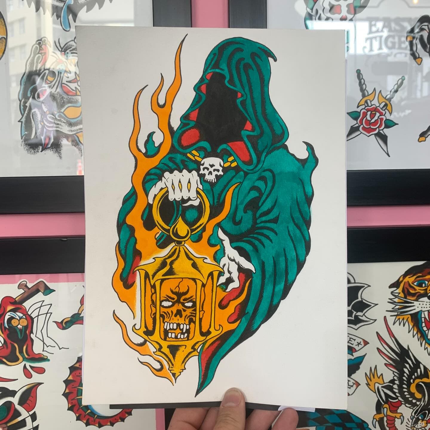 Hooded reaper holding a flaming skull lantern — American traditional flash by Stoney Tiger