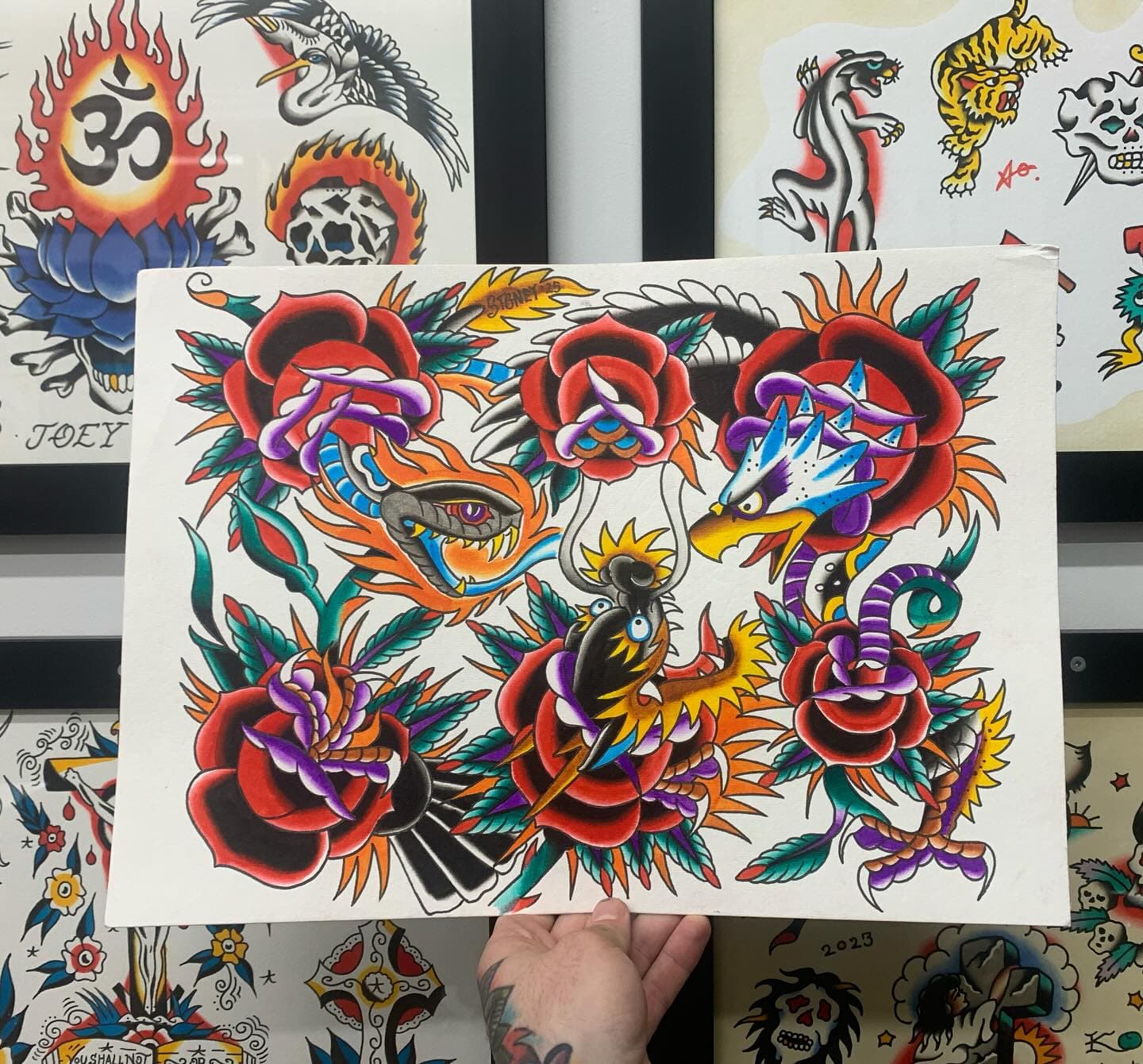 Roses, snakes and eagle — American traditional flash by Stoney Tiger