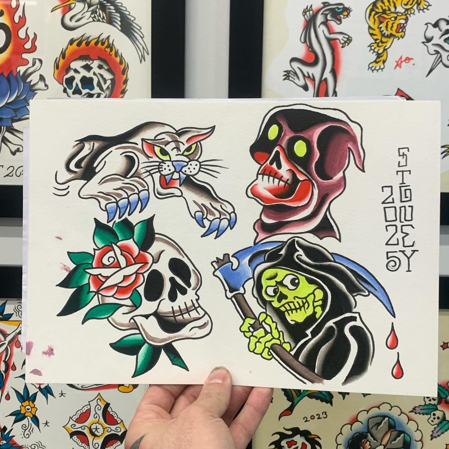 Panther, hooded skull, rose-and-skull and grim reaper flash sheet by Stoney Tiger