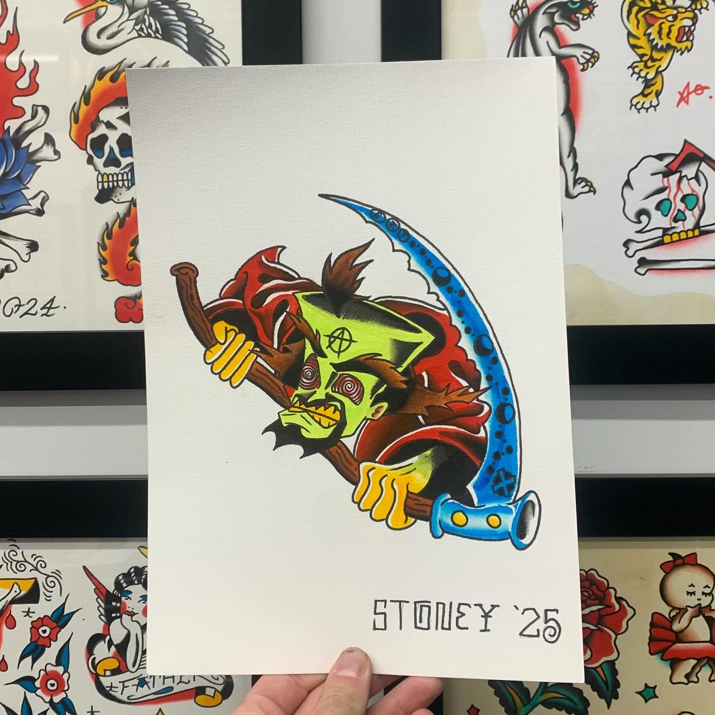 Green-faced little reaper holding a scythe — American traditional flash by Stoney Tiger